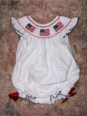 Girls White Smocked American Flag One-Piece Romper